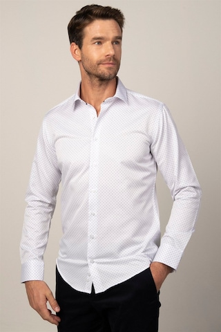 Tudors Modern Fit Uzun Kollu Baskılı Yaka İçi Biyeli Erkek Beyaz Gömlek-26518 Beyaz