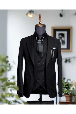 Beystil Sivri Yaka Siyah Takım Elbise Nikol04- Slim Fit Siyah