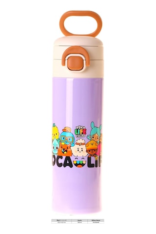 Kaukko Kids 520 Ml Toca Life Baskılı Lila - Turkuaz Kız Çocuk Çelik Termos Matara Çift İçim Kilitli Kapak - L5341