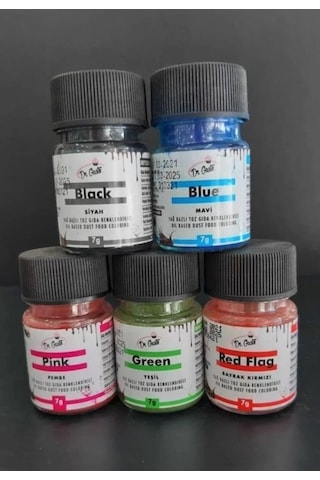 Yağ Bazlı Toz Gıda Boya 5 Li Set Siyah / Mavi / Kırmızı / Pembe / Yeşil 7gr