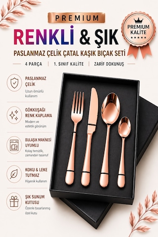 Premium Paslanmaz Çelik Çatal, Kaşık Ve Bıçak Seti Modern Bakır Renk 4 Parça