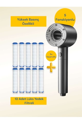 10 Adet Yedek Filtreli Ultra Lüks Yüksek Basınçlı Su Tasarruflu D Gri