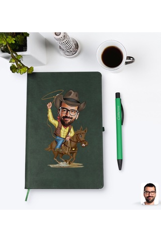 Kişiye Özel Kovboy Karikatürlü Yeşil Termo Deri Defter Kalem Seti N11.840