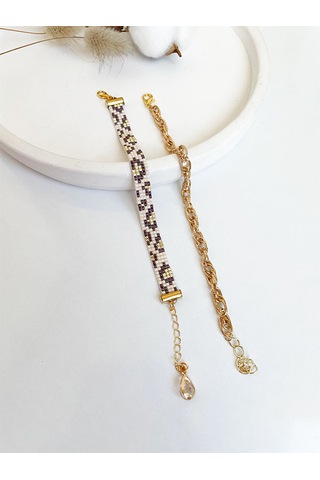 Nevoaccessory Krem Leopar Desenli Miyuki Bileklik Set Çok Renkli
