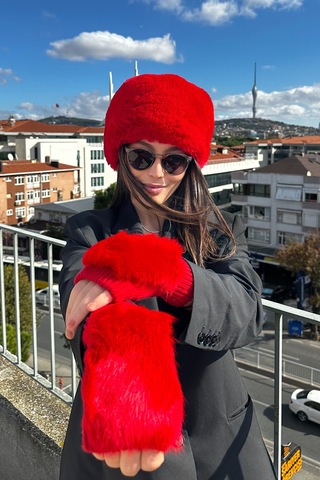 Mollycrush Kadın Kırmızı Kalpak Ve Eldiven Set Kırmızı