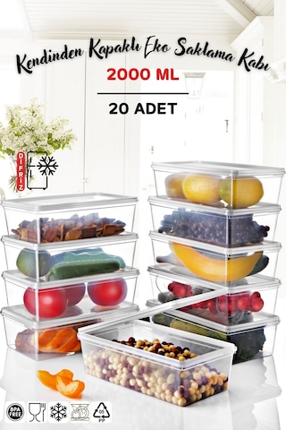 Nandy Home Kendinden Kapaklı Derin Dondurucuya Uygun Saklama Kabı  20 Adet 2 L