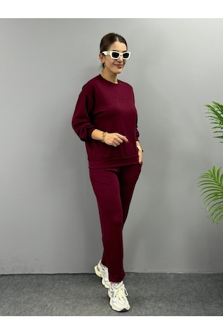 Meleners Kadın Uzun Kollu Bisiklet Yaka Viskon Iki Iplik Bluz Ve Pantolon Ikili Takım bordo