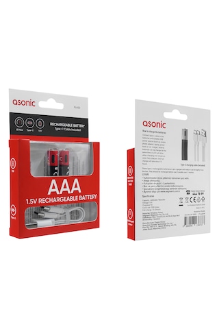 Asonic Pl400 Aaa Ince 1.5v 400mah/750mwh Type-c Usb Şarjli 2li Pil