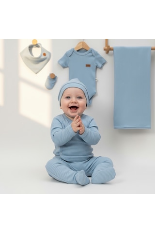 Milays 0-3 Ay Bebeklere %100 Pamuk Çıtçıtlı Body Li Havlulu 7 Parçalı Zıbın Takımı Mavi