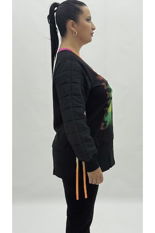 Büyük Beden Grafikli Viskon Uzun Kol Oversize Kadın Sweatshirt Siyah