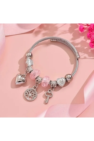 Pembe Aşk Hayat Ağacı Charmlı Bileklik Gümüş