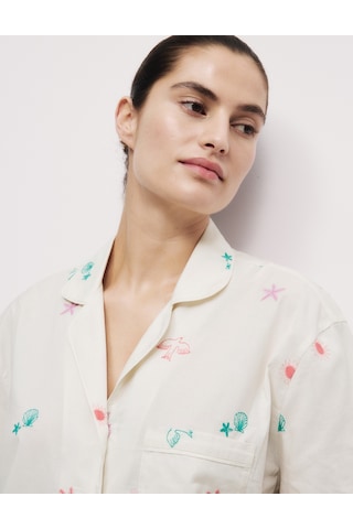 Marks & Spencer Saf Pamuklu Nakışlı Kısa Pijama Takımı T37002146J Krem