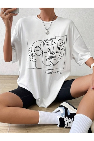 Smile Çizgi Yüz T-shirt - Beyaz Baskılı Oversize Bisiklet Yaka Kısa Kol Tişört Beyaz