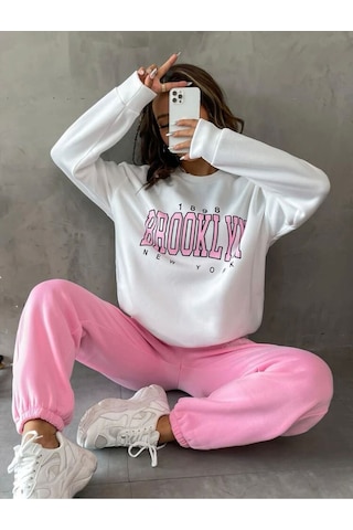 Kadın Brooklyn Baskılı Eşofman Takımı Beyazpembe