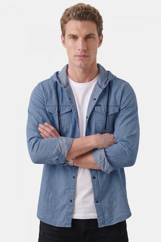 Deep Sea Deepsea Koyu Mavi Kapüşonlu Likralı Kot Gömlek Slim Fit Çıt Çıt Kapamalı Erkek Gömlek 2300396