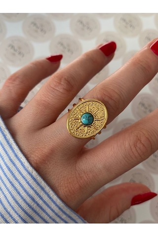 Pinery Jewels Firuze Taşlı Paslanmaz Çelik Kararmaz Ayarlanabilir Gold Yüzük Altın