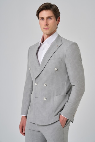 Morven Erkek Gri Poliviskon Trend Çizgili Slim Fit Sivri Yaka Kruvaze Takım Elbise 26ms001007100 Gri