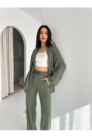 Kadın Simli Uzun Kol Modal Kumaş Kimono Pantolon İkili Takım Şık Ve Rahat Kadın Takım Yeşil