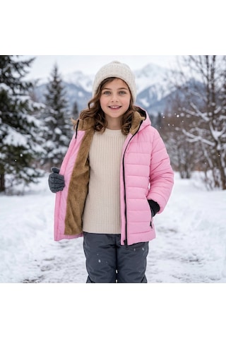 Merdia Kids Kız Çocuk Düz Çizgili Su Ve Rüzgar Geçirmez İçi Kürklü Mont Pembe