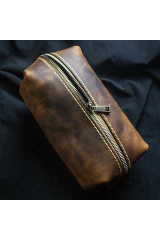 El Yapımı Hakiki Deri Dopp Kit Crazy Deri, Fermuarlı Seyahat Çantası