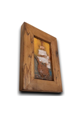 Ahşap Çerçeveli Seramik El Yapımı Handmade Gemi Tablo 15x22,5x2,5cm Çerçeveli