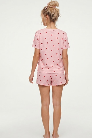 Siyah İnci İnce Soft Örme Mevsimlik Şortlu Pijama Takımı 8045 Pembe Ekose Kalp