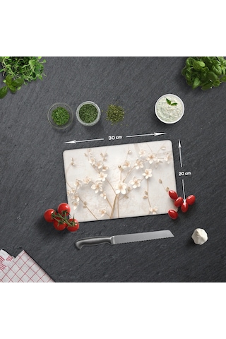 Cam Kesme Tablası - Cam Kesme Tahtası Beyaz Çiçek 20cm X 30cm