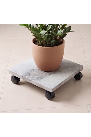 Mermer Desenli Tekerlekli Stand Saksı, Damacana Ve Tüp Altlığı 30x30 Cm Beyaz - Gri