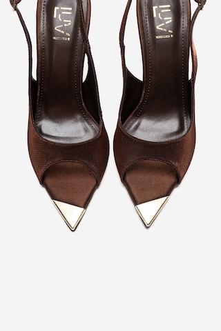 Luvishoes Amore Bronz Saten Metal Detaylı Kadın Topuklu Ayakkabı