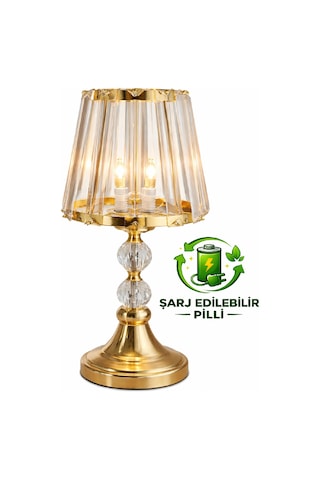 Şarj Edilebilir Pilli Led Ampullü T Serisi Masa Abajuru Metal Ve Cam Gövde Cam Başlık Altın