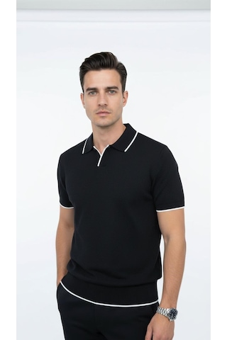 Plus Scorpion Erkek Pike Dokulu Triko Polo Yaka Tişört Slim Fit Şerit Detaylı Yazlık Model Siyah