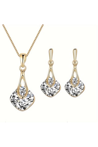 Moda Zarif Kolye, Küpe Swarovski Taşlı Set, Sevgililer Günü Altın - Beyaz