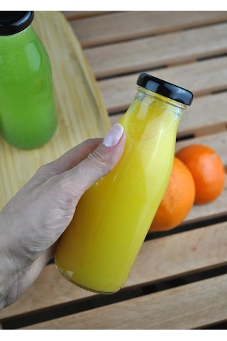 5 Adet Cam Şişe Meyve Suyu Ayran Detoks Şişesi 250 Ml Siyah Metal Kapaklı Şişe