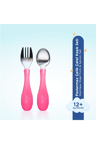 Wee Baby Paslanmaz Çelik Kaşık Çatal Seti Pembe