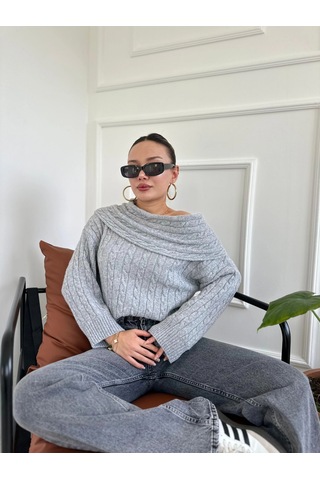 Keymoda Kadın Madonna Yaka Kazak Gri Gri