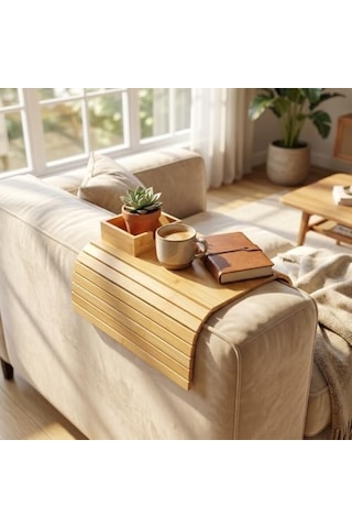 Bambu Koltuk Kenarı Tepsisi Ve Organizer - Katlanabilir Bölmeli Ahşap Kanepe Yanı Sehpa, Bardaklık Ve Kumandalık 41 X 33.5 X 4.5 Cm Diğer