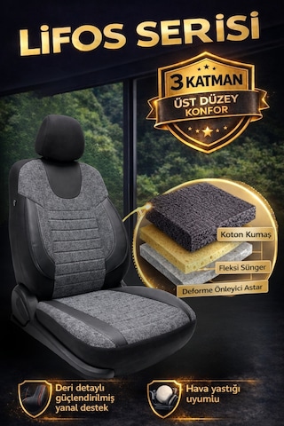 Lifos Hafif Ticari Serisi Koton Kumaş Oto Koltuk Kılıfı Tam Set Berlıngo-caddy-connect-courıer-doblo-dokker-partner Gri