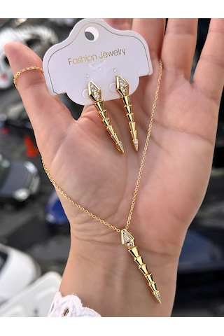 Sarı Çelik Kadın Küpe Ve Kolye Set Frjw10012a-b 2 Yıl Garantili Hediye Paketli