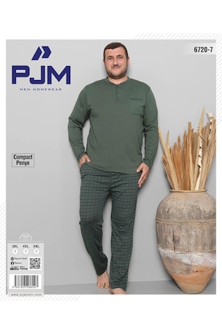 Pijamoni Erkek Battal Düğme Yaka Penye Uzun Kol Pijama Takımı 6720/7 - 1 Adet Yeşil