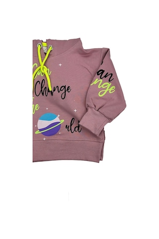 Yazılı Yırtmaçlı Kız Bebek Kapşonlu Sweat Pudra 001