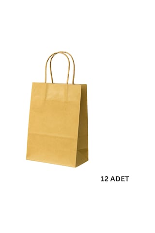 Büküm Saplı Mini Kağıt Çanta Seti-12li, Parti, Doğum Günü, Hediye Çantaları, 11x15x6 Cm, Altın Renk