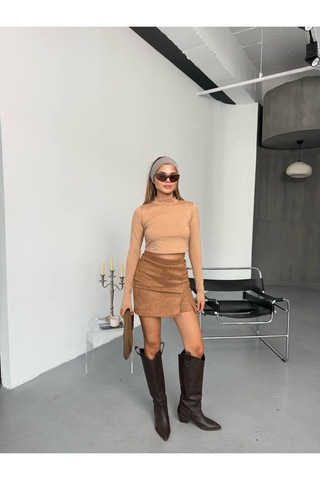 Kechi Woman Süet Kumaş Şort Etek Kahverengi