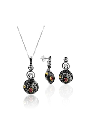 Oksitli Gümüş Set Kök Yakut Taşlı Gümüş Otantik İkili Set 925 Ayar St136 Gümüş