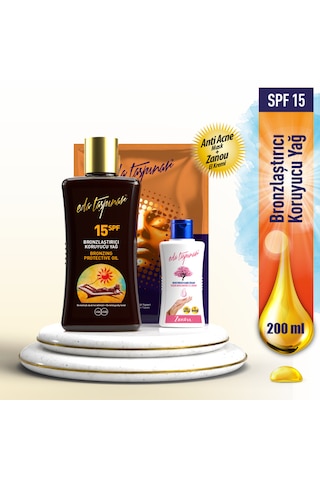 Eda Taşpınar Bronzlaştırıcı Koruyucu Yağ SPF15 (200ml) - Zanou El Kremi 50ml & AntiAcne Mask