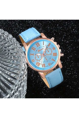 Elegant Yuvarlak Quvars Saat Analog Ve Kolye+küpe+yüzük Takım Açık Mavi