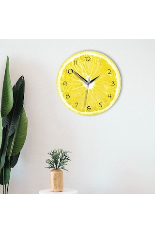 Cajuart Dekoratif Ahşap Limon İçi Canlı Yuvarlak Mutfak Duvar Saati Ahşap