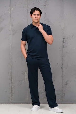 Mass Plus Regular Fit Likralı Kendinden Çizgili Yarım Baggy Pantolonlu T-shirt Takım Lacivert