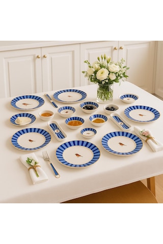 Seramık 6 Kısılık Mavi Kuşlu14 Parca Seramık Kahvaltı Takımı Beyaz