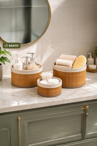 Porsima Pbt-598 3lü Hasır Sepet Kapaklı Yuvarlak Bambu Sepet Seti Dekoratif Banyo Mutfak Düzenleyici Organizeri
