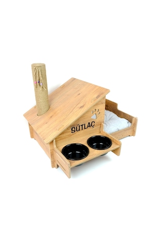 Ahşap Kedi Evi - Mama Kabı-özel Isim Baskılı-meşe Mdf- Siyah Seramik Kase 2 400ml- Tırmalama Çubuklu